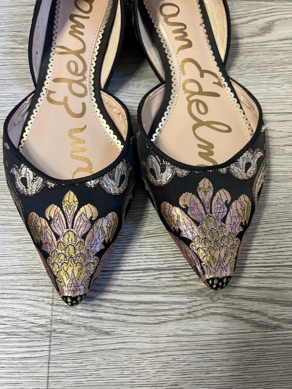 Sam Edelman Black Pointed D'Orsay Flats with Pink and Gold Floral Embroidery - Picture 4 of 12